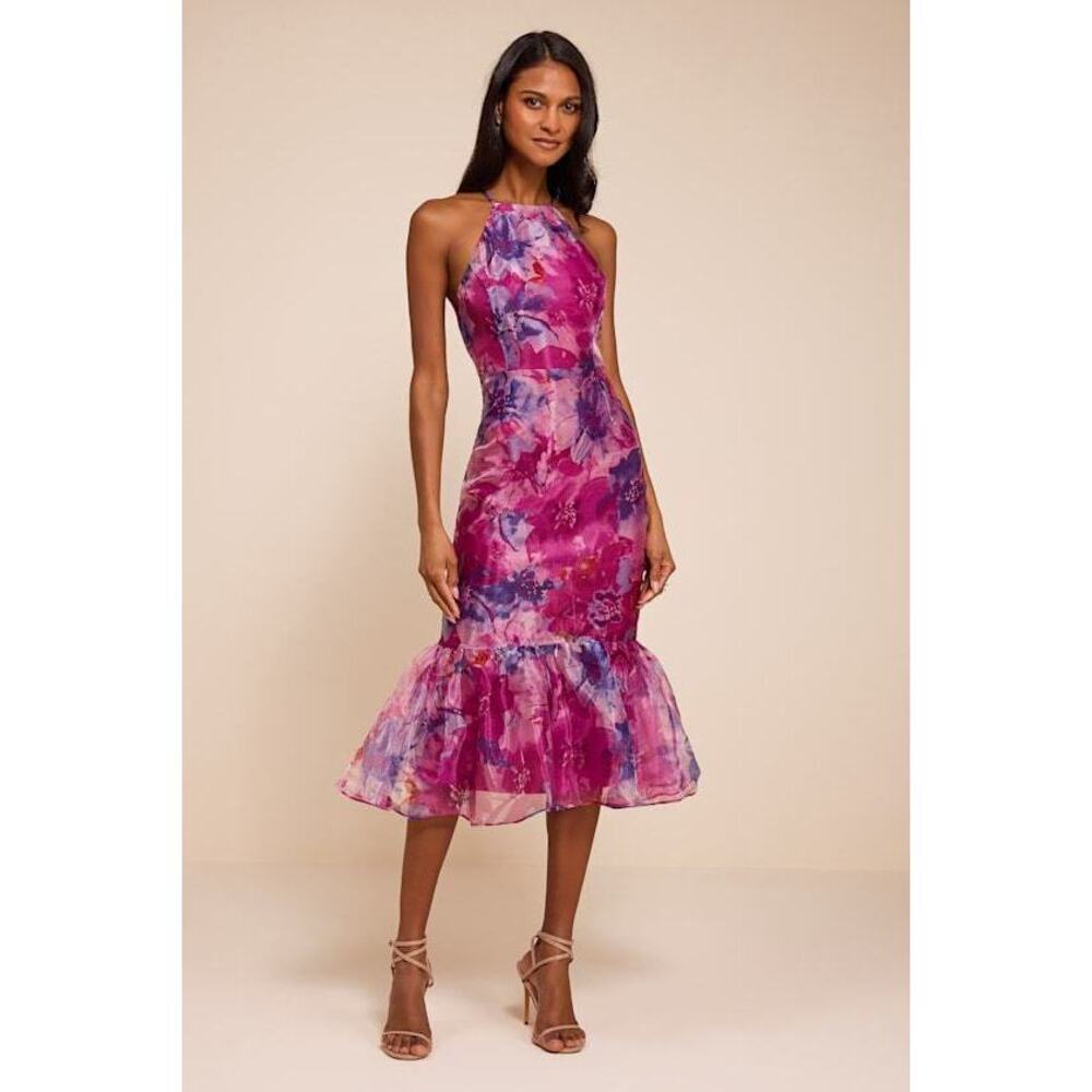 Lulus Admirable Essence Magenta Floral Organza Trumpet Midi Dress Purple